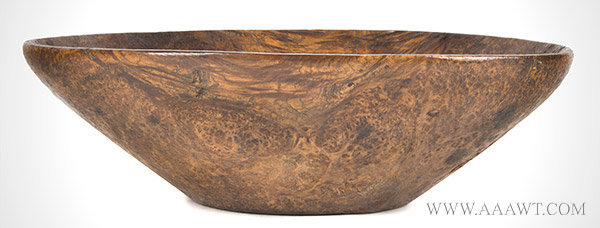 Burl Bowl, Canted Oval, Strong Taper, Footed, Great Surface, Ash
New England, 18th Century, entire view